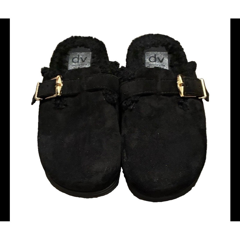 DV Dolce Vita Black Faux Suede Shearling Lined Buckle Clog Mules Women 6